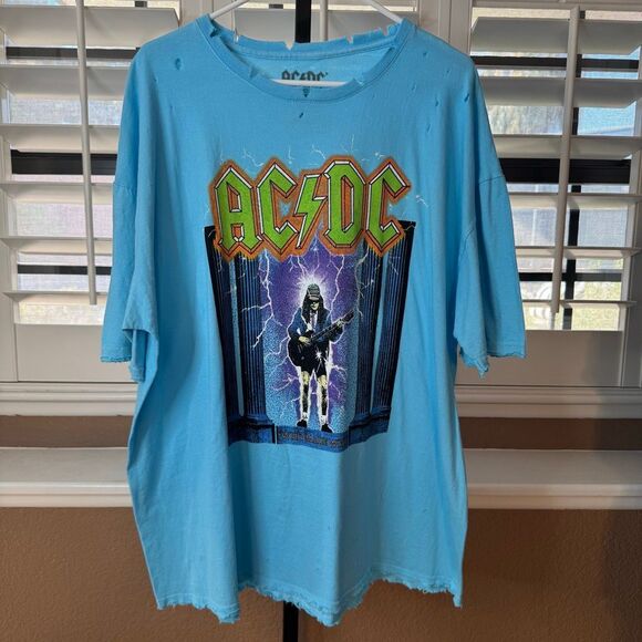 Urban Outfitters ACDC Distressed Blue Shirt Size L/XL Oversize Boyfriend Rock - Picture 1 of 4